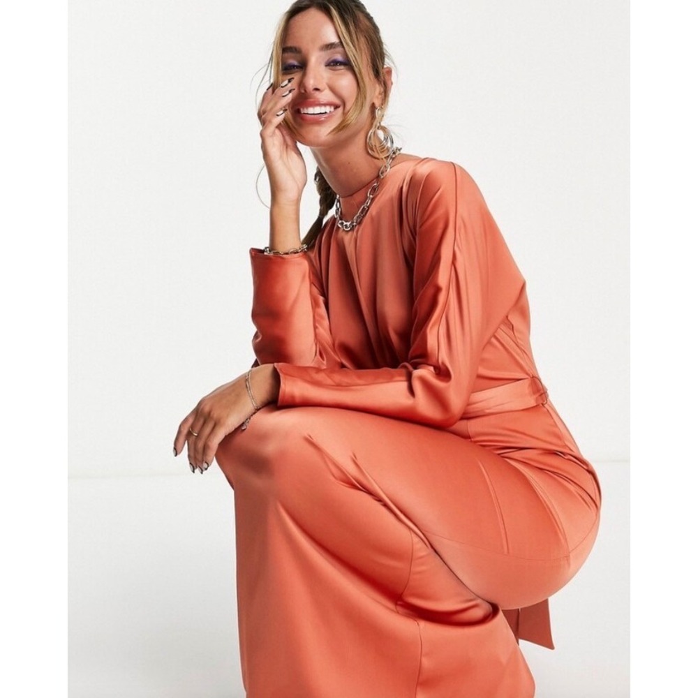 ASOS Design Women Rust Orange Satin Long Sleeve Tie Waist Maxi Dress Formal Gown - Picture 3 of 10